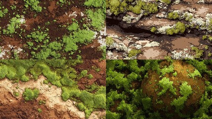 Fototapeta premium Four images showcasing diverse top-down views of natural terrains earth, rocks, vegetation, and water