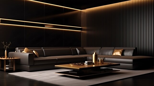 Luxury modern interior with a dark brown leather sectional sofa, gold-accented lighting, matte black walls, and a white marble floor under ambient lighting .