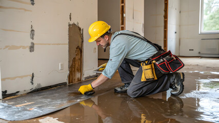 Specialist in hard hat checks humidity in water-damaged room