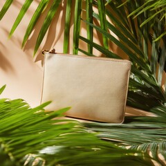 Beige pouch surrounded by palm leaves, offering an earthy and fresh product display setup.