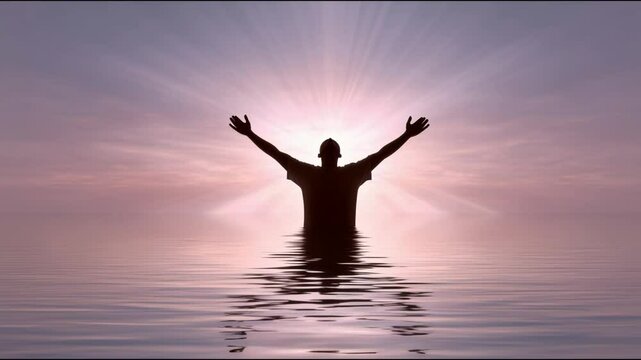 Celebration of baptism as a spiritual rebirth during a serene sunset over calm waters	