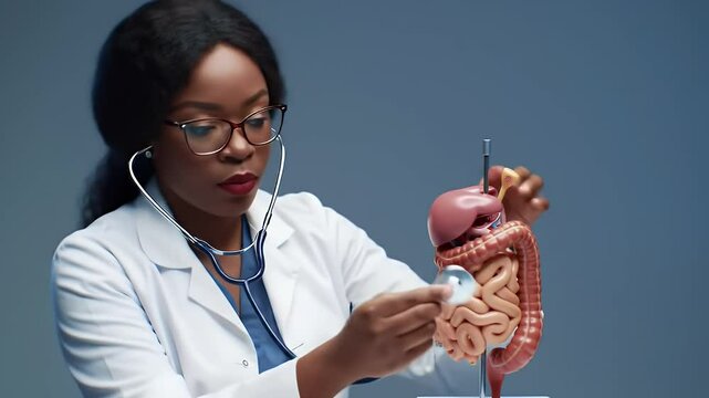 Attractive African American Doctor Examining Human Digestive System Model Using Stethoscope Against Gray Background in a Studio Setting with Professional Lighting
