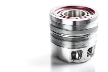 Close-up of polished car engine piston on white background for commercial catalog 