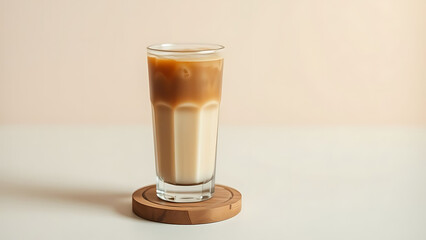 Minimalist Iced Latte in a Glass on a Wooden Coaster with Clean Coffee and Milk Layers