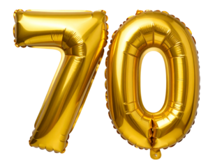 3D Shiny Golden Number 70 Balloons Floating, isolated on transparent background PNG