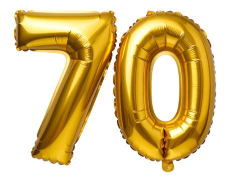 3D Shiny Golden Number 70 Balloons Floating, isolated on transparent background PNG - Powered by Adobe