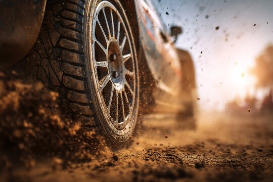 Close-up of rally car tire kicking up dirt on a rural track during a time trial 