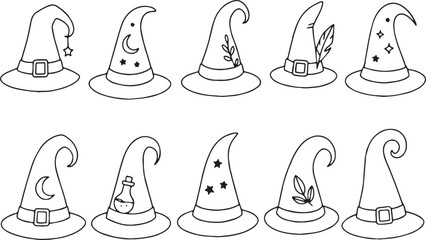 Cute Halloween line art set with ghosts, witch hats, potions, candies, bats, skulls & webs in minimal thin vector style, ideal for stickers, patterns, and spooky season clipart packs