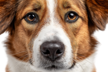 Close up portrait of a brown and white dog