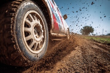 Close-up of rally car tire kicking up dirt on a rural track during a time trial -