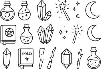 Cute Halloween line art set with ghosts, witch hats, potions, candies, bats, skulls & webs in minimal thin vector style, ideal for stickers, patterns, and spooky season clipart packs