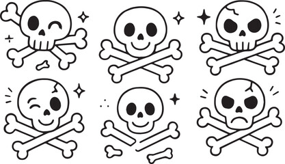 Cute Halloween line art set with ghosts, witch hats, potions, candies, bats, skulls & webs in minimal thin vector style, ideal for stickers, patterns, and spooky season clipart packs