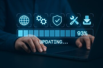 concept of system updating, software installation, or data synchronization. It features a person's hands positioned over a laptop keyboard, with a prominent digital overlay