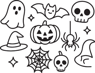 Cute Halloween line art set with ghosts, witch hats, potions, candies, bats, skulls & webs in minimal thin vector style, ideal for stickers, patterns, and spooky season clipart packs