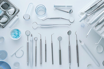 歯科診察用の器具と備品が並ぶ清潔な作業台（無人・白背景）