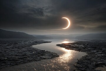Partial solar eclipse over a dried riverbed