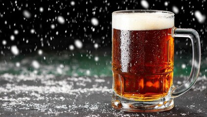 A glass mug of amber beer on a dark surface, with snowflakes falling in the background