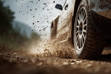 Close-up of rally car tire kicking up dirt on a rural track during a time trial 