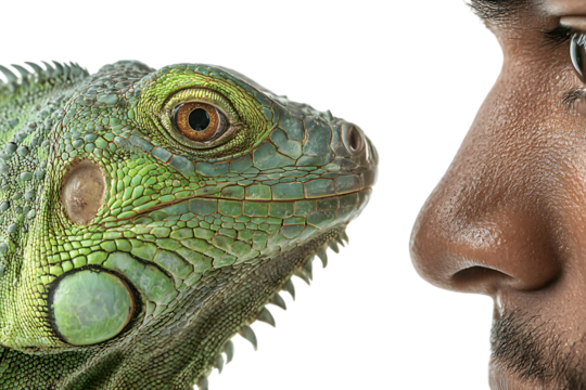 Close up of an iguana and a man's face, symbolizing connection with nature.