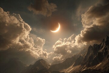 Partial solar eclipse over majestic mountains