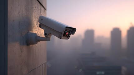 Modern surveillance camera on foggy concrete wall – generative AI