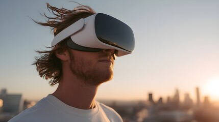 Stylish man on rooftop with VR headset at dusk – generative AI