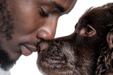 Close up of a man and his dog sharing a tender moment.