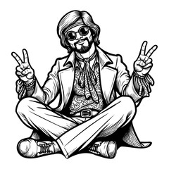A hippie man with long hair and round glasses sitting cross legged making peace signs with both hands.