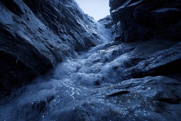 Water rushing through a dark rocky gorge