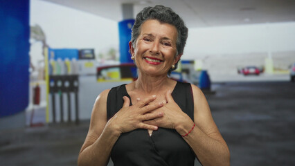 Fototapeta premium Senior woman with grey hair gestures joyfully outside at a petrol station, highlighting an engaging and cheerful moment in an outdoor setting.