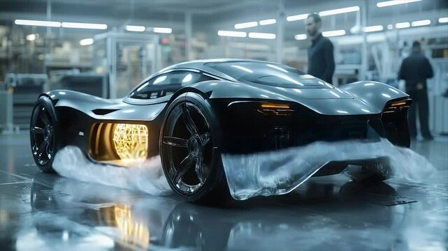 Futuristic sports car, partially covered, on factory floor