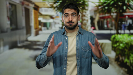 Young man looking stressed outdoors in an urban street, covering his face with hands, conveying...
