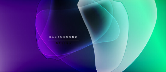 Abstract fluid shapes blend purple, blue, teal hues. Minimalist design features text overlayed on layered forms. Modern, dynamic composition.