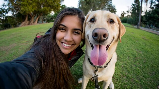 Joyful young woman taking a selfie with her Labrador retriever in a sunny park