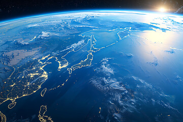 宇宙から見た日本列島と東アジアの幻想的な地球の夜景