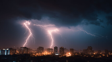 Lightning storm over modern city skyline at night, glowing bolts illuminating buildings, dramatic contrast, rainy atmosphere