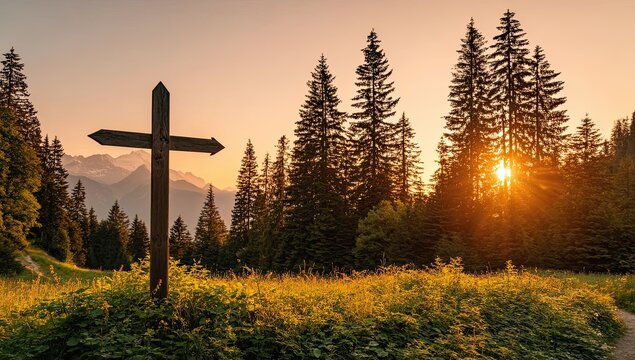 Wooden cross marks a path at sunset in a mountain meadow