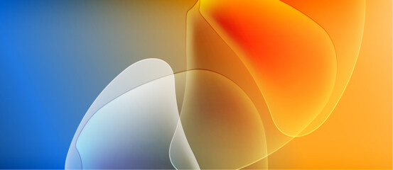 Abstract shapes blend vibrant blues, oranges, whites. Smooth gradients create flowing, dynamic composition. Minimalist design evokes energy, warmth.