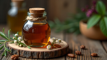 Aromatic honey in a glass jar with cork lid and rustic presentation on wood slices