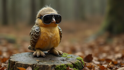 A cool bird wearing sunglasses on a tree trunk in a forest showcasing wildlife beauty