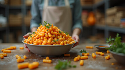 A person carrying a bowl filled with baby carrots and garnished with fresh herbs in kitchen atmosphere with culinary preparation