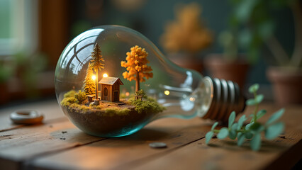 Miniature garden inside a light bulb showcasing sustainability and innovative ecological concepts with tiny house
