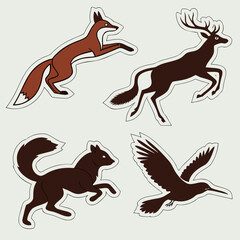 Fototapeta premium Stylized depiction of a fox deer squirrel and bird in motion against a light background