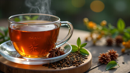 Aromatic herbal tea presented in a clear glass cup with steaming hot liquid on wooden surface