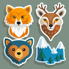 Obraz premium Cute cartoon fox deer and wolf faces with snowy mountains and pine trees
