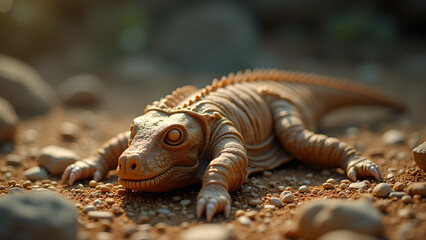 Close up of a reptile, iguana resting calmly on the sand basking in the sun