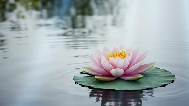 A serene and tranquil scene featuring a pink lotus flower gracefully floating on calm water, surrounded by gentle ripples that reflect the peaceful ambiance of a quiet natural setting.