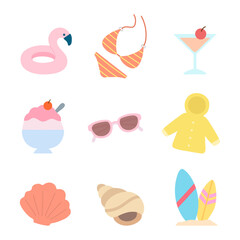 Summer vacation icons collection - beach, cocktail, ice cream, sunglasses vector illustration set. Vector design elements.