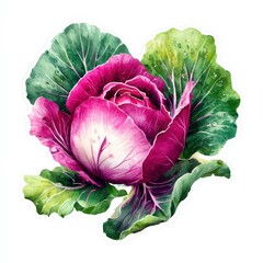 Obraz premium Vibrant purple cabbage surrounded by fresh green leaves with water droplets in natural light Generative AI