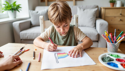Focused child coloring rainbow flag at home table, creativity and expression